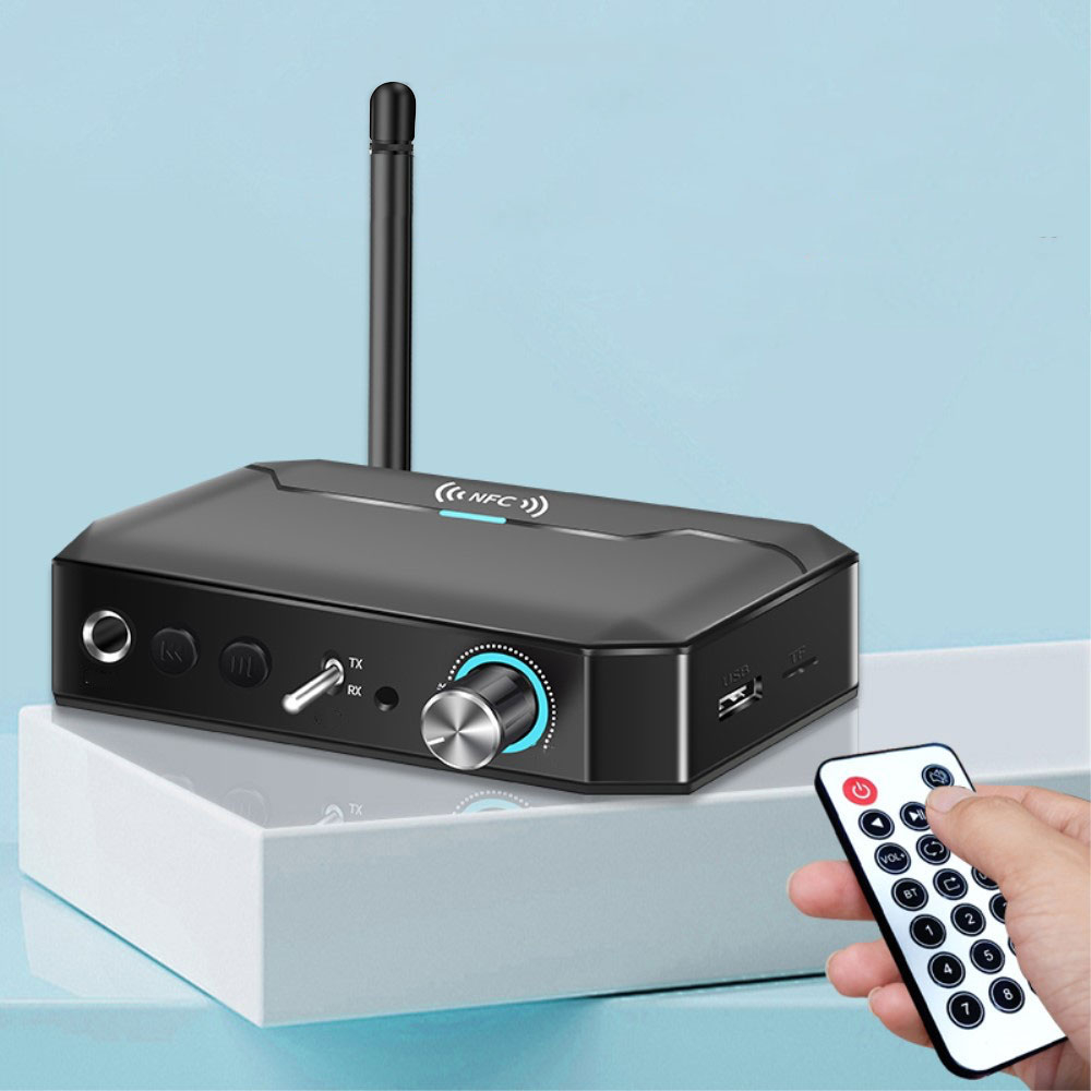 2in1 NFC Bluetooth 5.3 HD Audio Transmitter / Receiver mit Fernbedienung   3.5mm Klinke / Cinch / Micro SD / USB A Anschluss - Schwarz