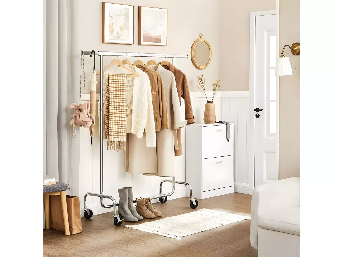 Portant à vêtements avec tringle extensible 110-150 cm sur roulettes
