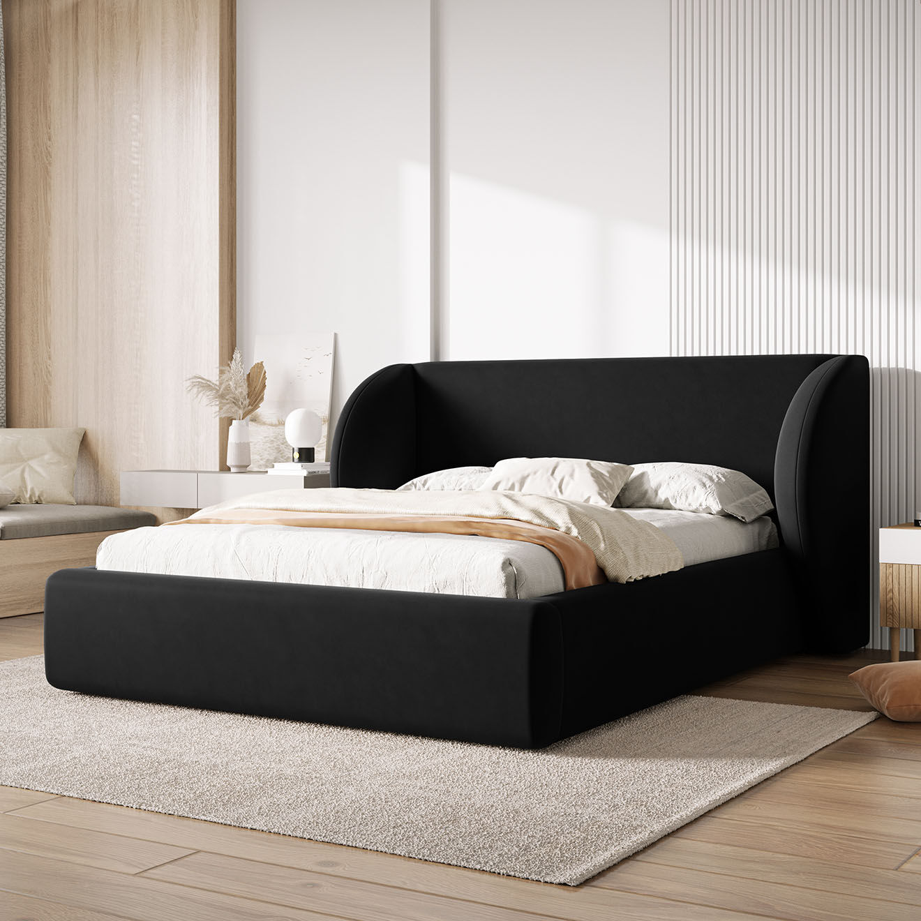 Micadoni Lit Coffre en Velours avec Tête de Lit Miley noir - 230x187x100 cm