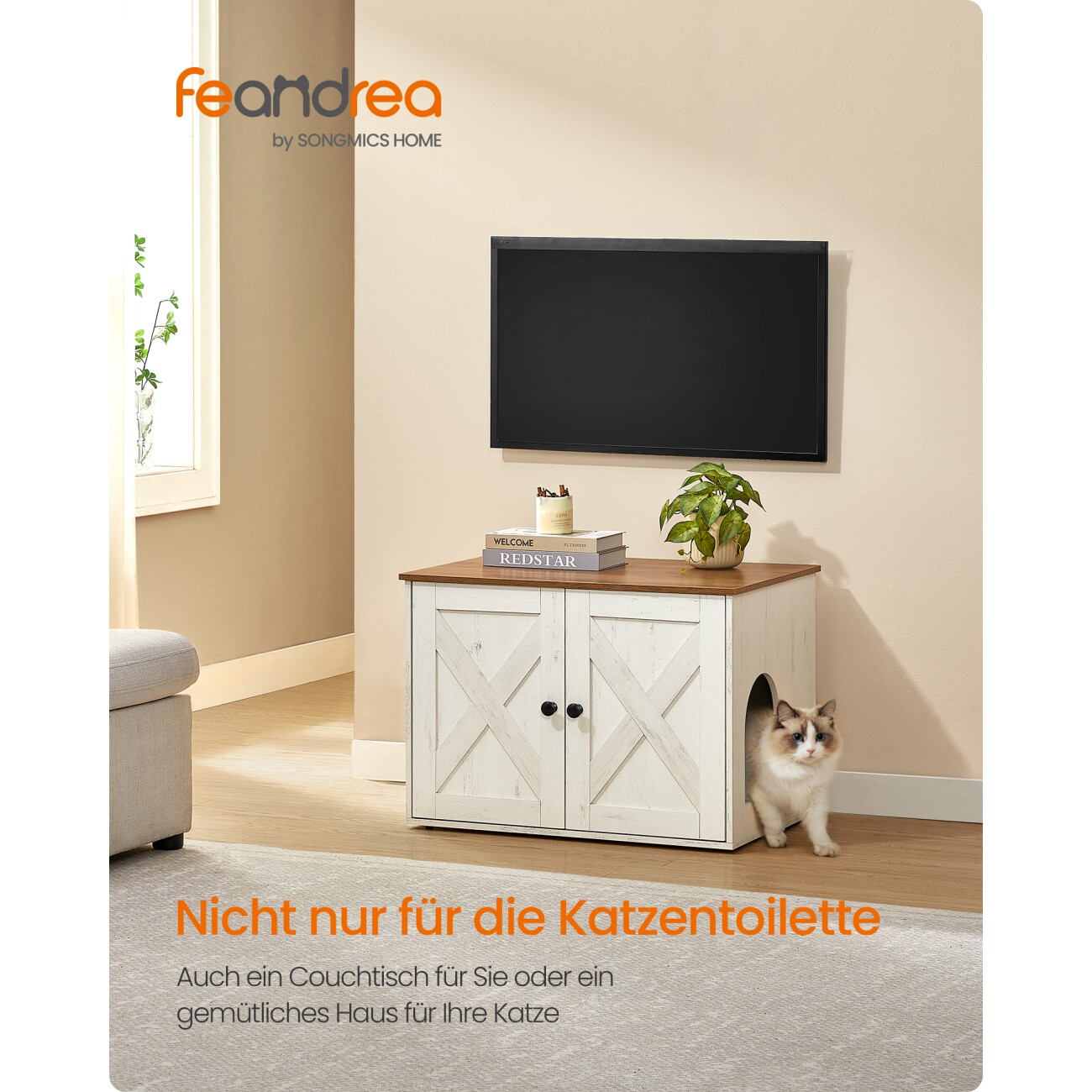 FEANDREA M Katzenklo Schrank Honigbraun-Vintageweiß