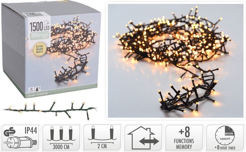 Microcluster Kerstverlichting- 1500 led - 30m - extra warm wit -Timer - Lichtfuncties-Geheugen -Buiten