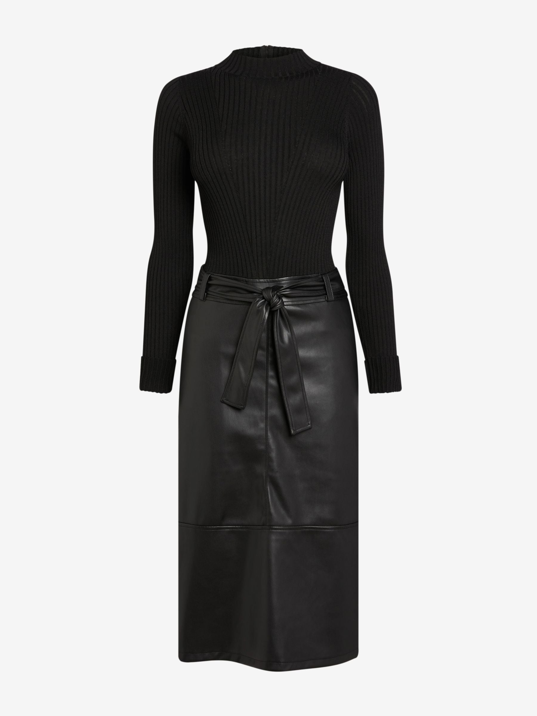 Zwart - Midi-jurk met imitatieleren mix en riem
