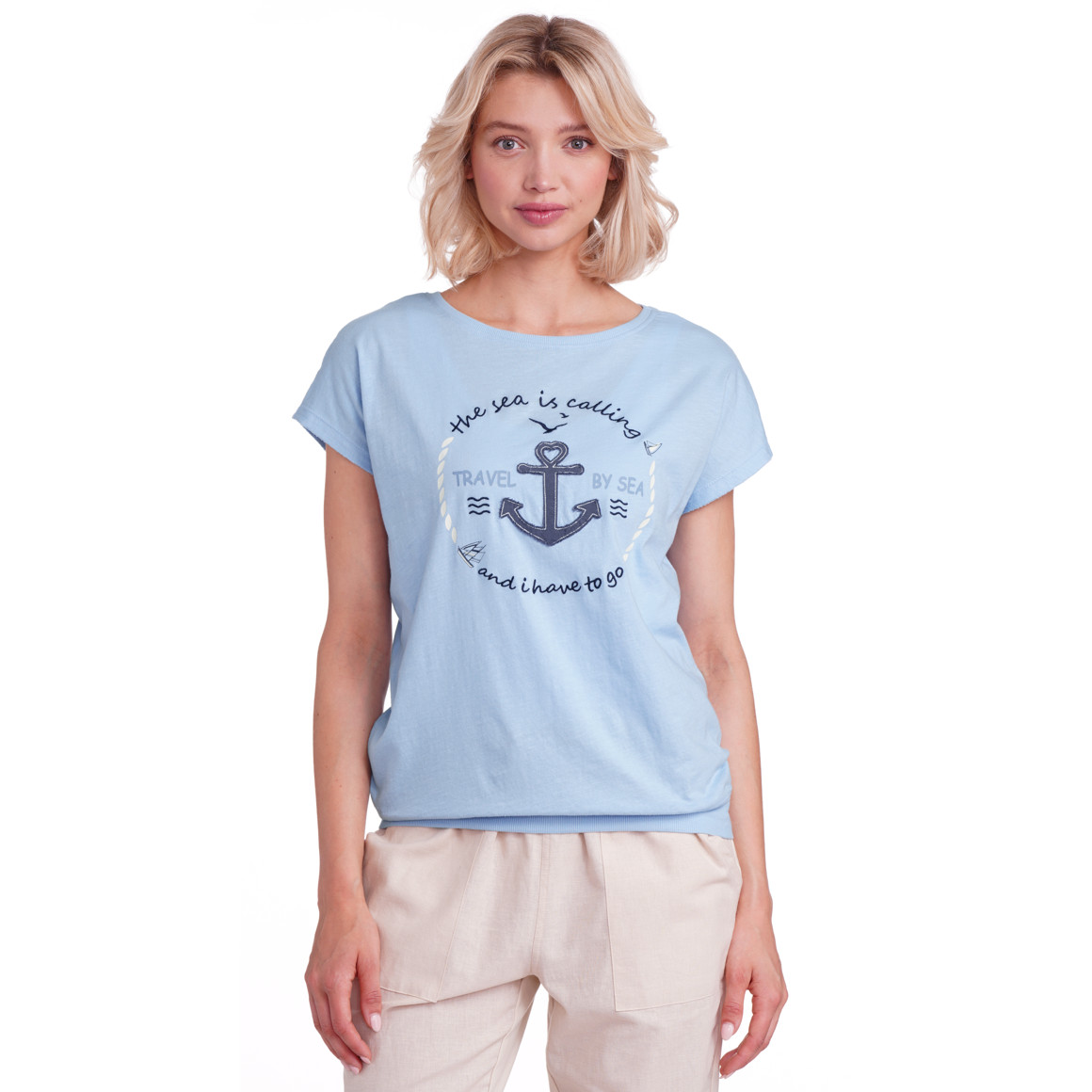 Gina Damen T-Shirt mit Aufnäher hellblau