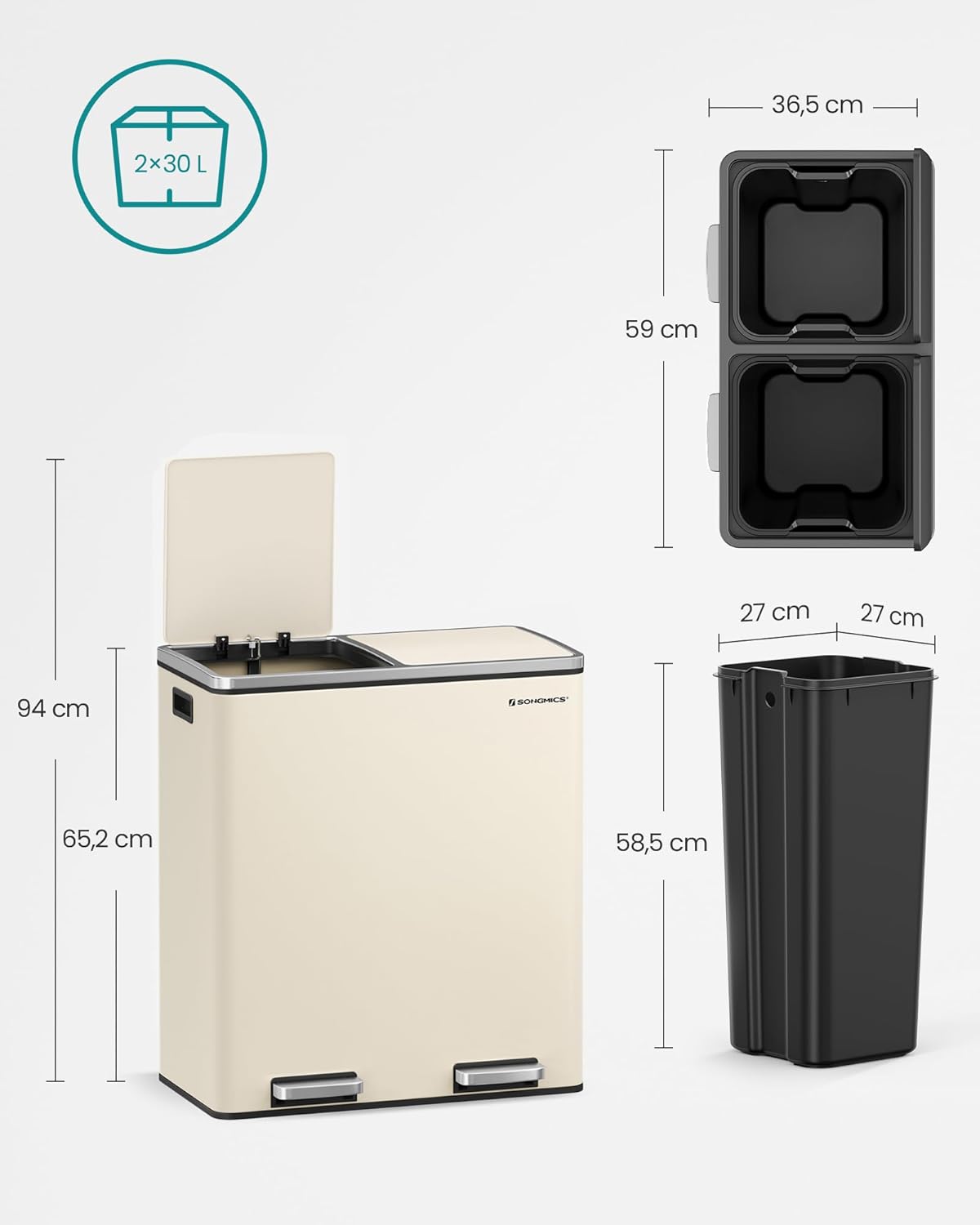 SONGMICS Mülleimer, 2 x 30 Liter, 2 Fächer, Mülltrennsystem, Treteimer, Abfalleimer Küche, 15 Müllsäcke, Metall, Inneneimer aus Kunststoff, Klappdeckel, Softclose, luftdicht, mandelfarben LTB060A01