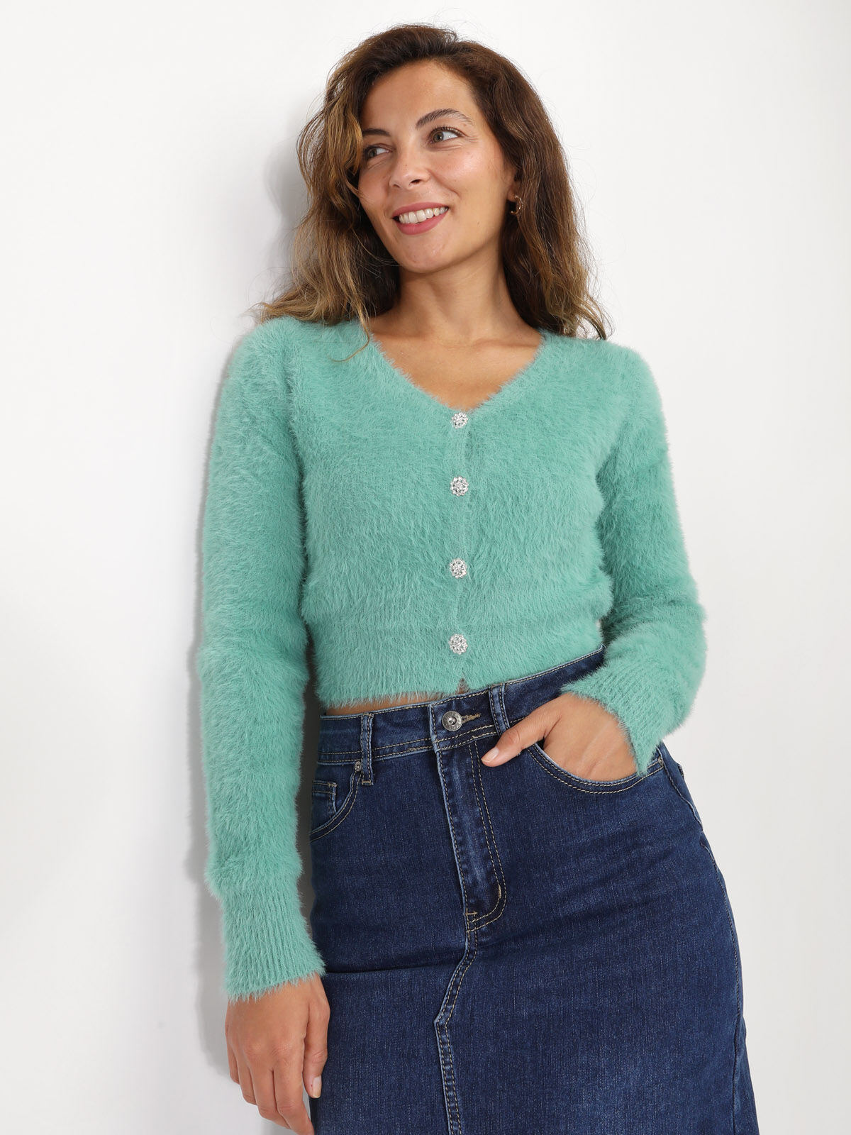 Cardigan duveteux à boutons en strass- Vert clair