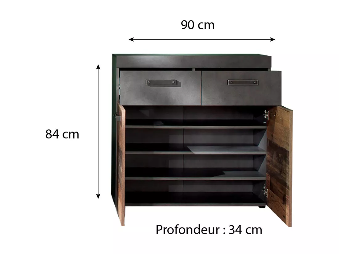 Meuble à chaussures 2 portes 2 tiroirs chêne foncé et gris Orcel