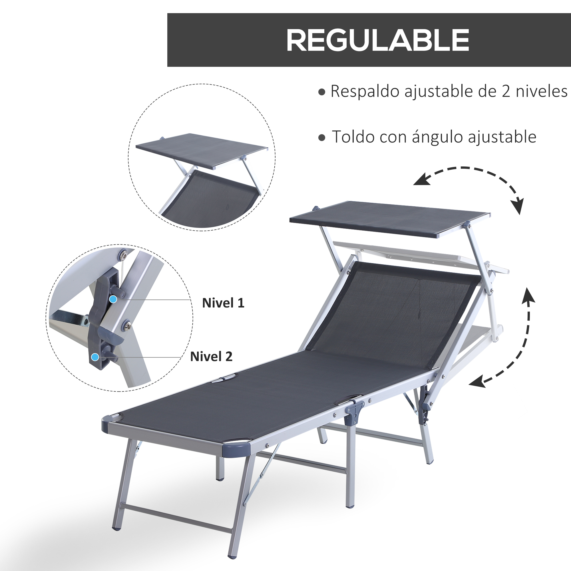 Espreguiçadeira dobrável e reclinável Outsunny em alumínio com cobertura integrada para piscina, jardim, pátio e uso externo, capacidade de carga de 120 kg, 169 x 72 x 50/70 cm, cinza.