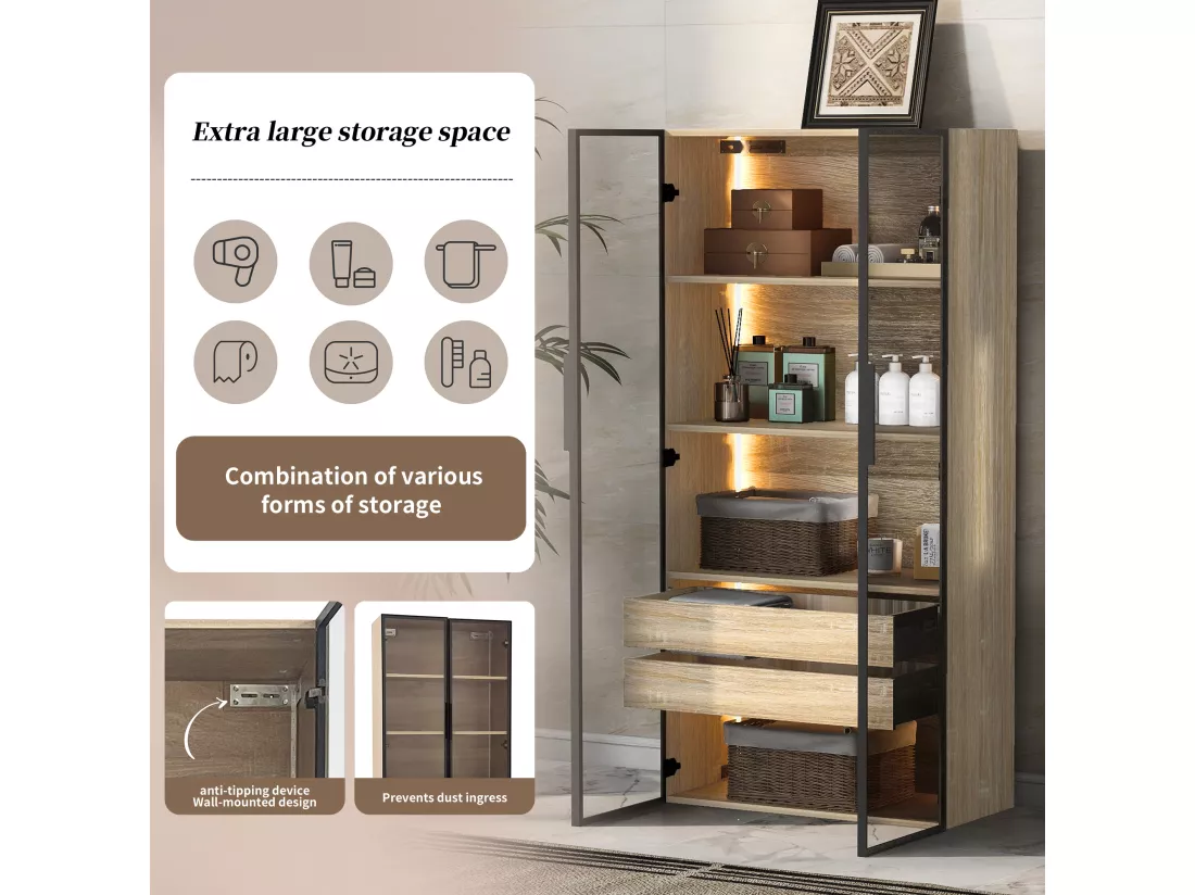 Ensemble de 2 Meubles de salle de bain avec LEDs - 148 x 36 x 155 cm - 4 grands tiroirs et 4 portes vitrées - bois MDF - naturel