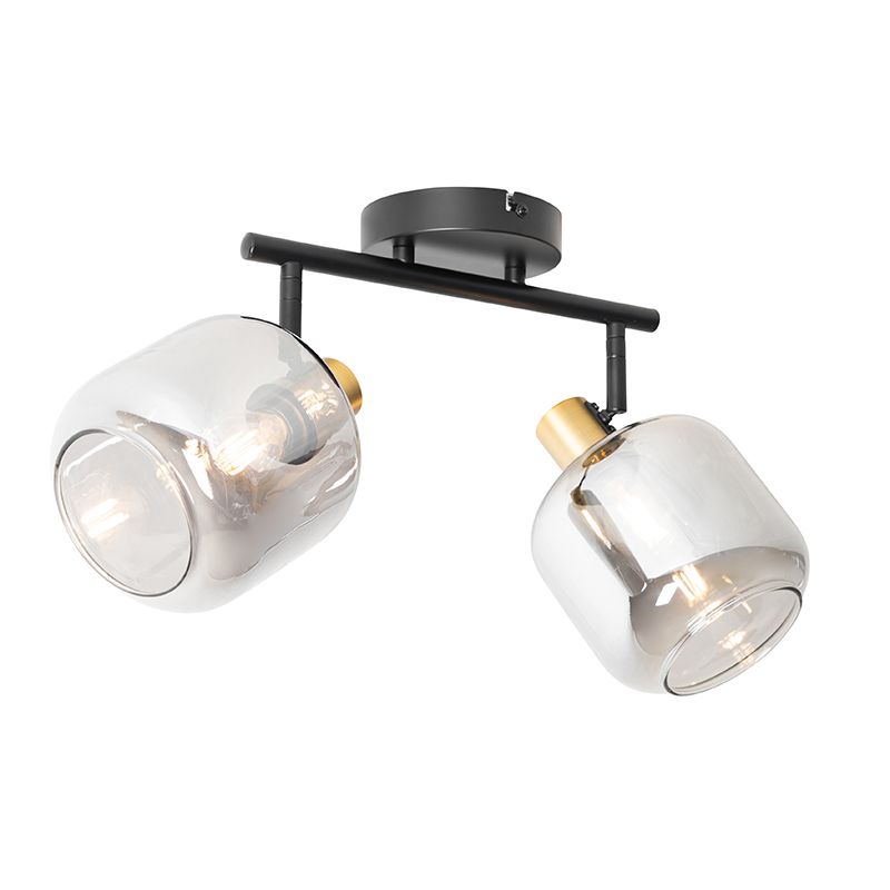 Plafondspot zwart met goud met smoke glas 2-lichts - Zuzanna