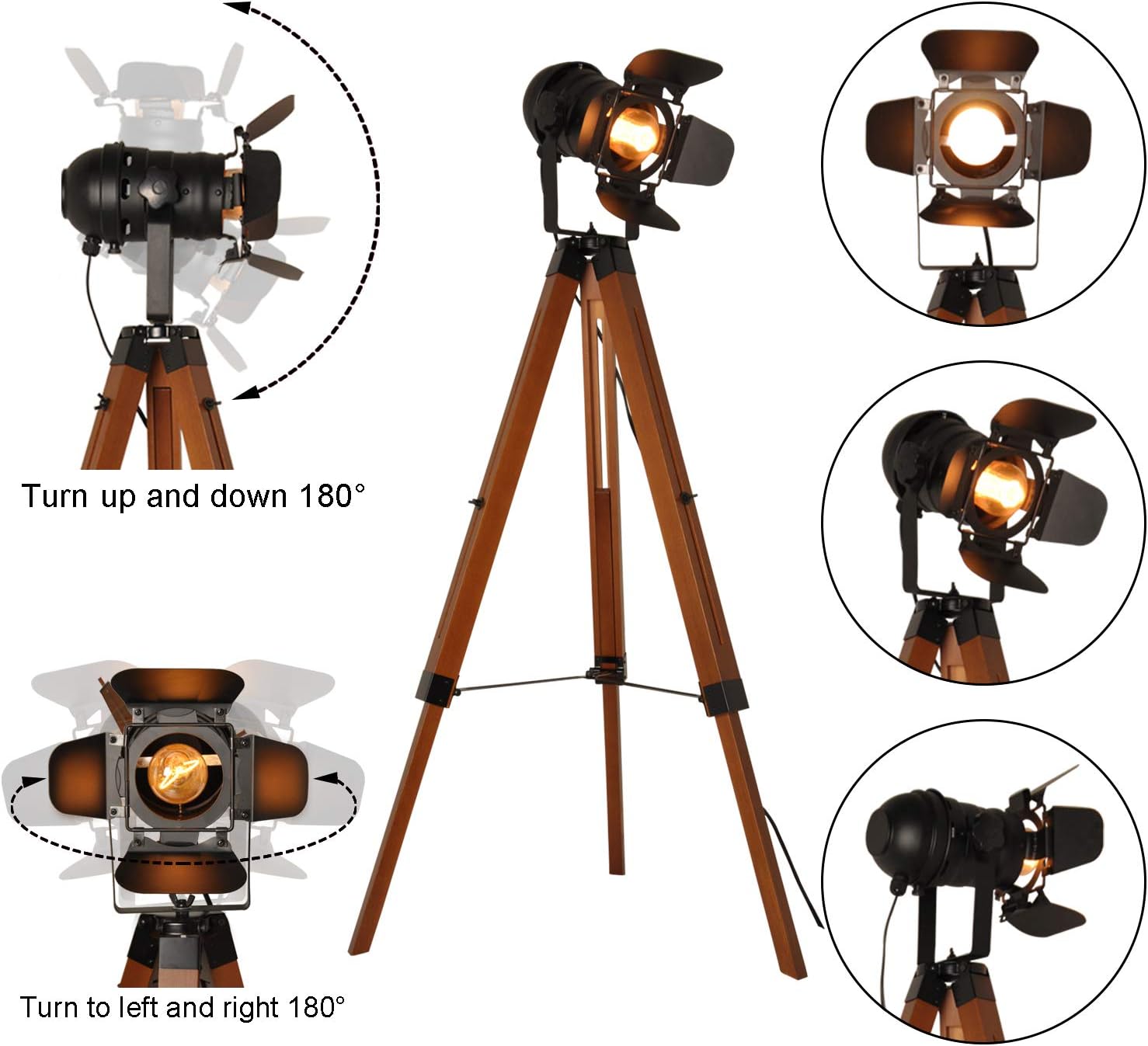 Barcelona LED Vintage Stehleuchte Tripod Stehlampe Deckenfluter im Cinema Stil, mit Dreifuß aus Holz Stativ Holz, Studiolampe, Studioleuchte, Wohnzimmerlampe, Wohnzimmerleuchte, LV 234