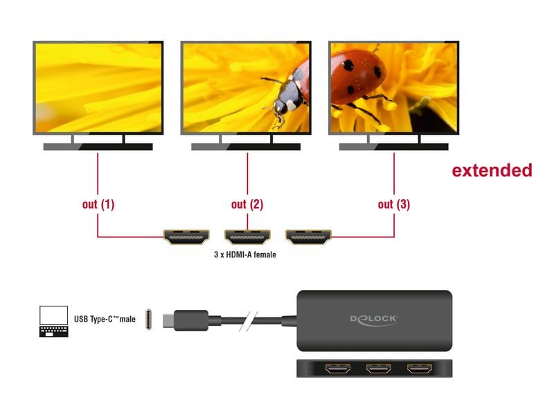 Delock 3-Port Signalsplitter 4K 30 Hz, USB-C - 3x HDMI Delock USB Type-C Splitter (DP Alt Mode) zu 3 x HDMI MST 4K 60 Hz