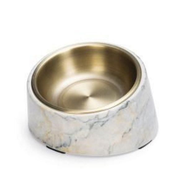 Designed by Lotte Melamine Eet- of Drinkbak Vita Kat | Beige - Mat gouden RVS eetbak | 15147.1