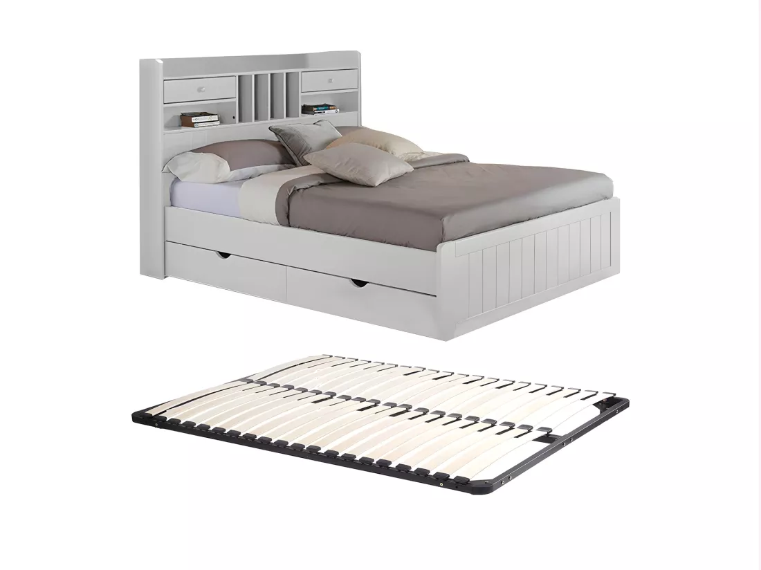 Lit avec rangements 140 x 190 cm - Pin - Blanc + Sommier - MEDERICK