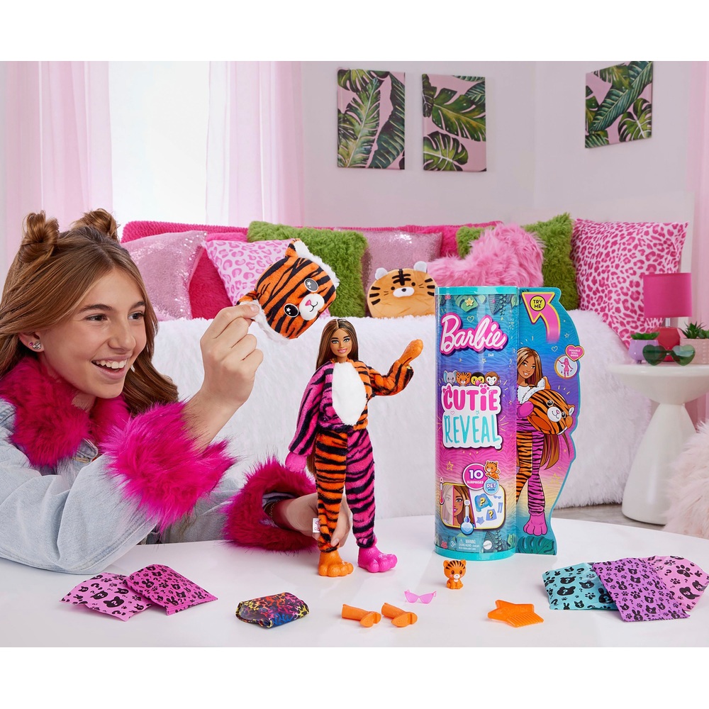 Barbie Cutie Reveal Puppe mit Tiger-Plüschkostüm und 10 Überraschungen