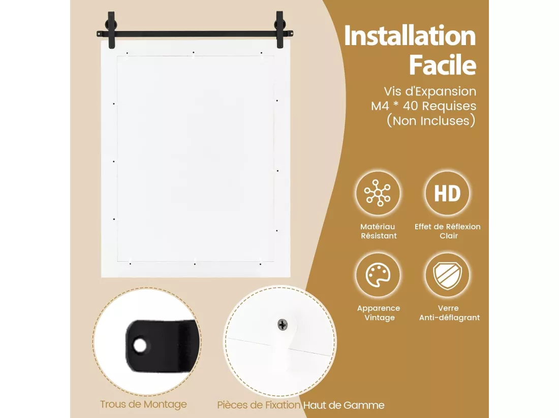 Miroir Mural Rustique avec Cadre en Bois Massif, Miroir avec kit, 76 x 56 cm (Blanc)