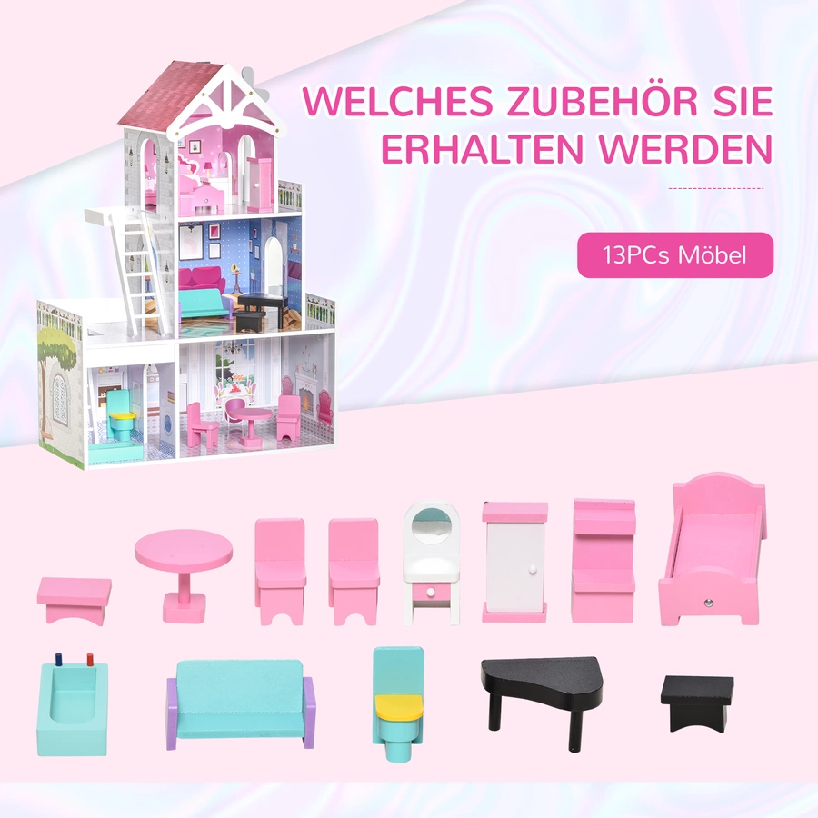 HOMCOM Kinder Puppenhaus mit 3 Etagen rosa
