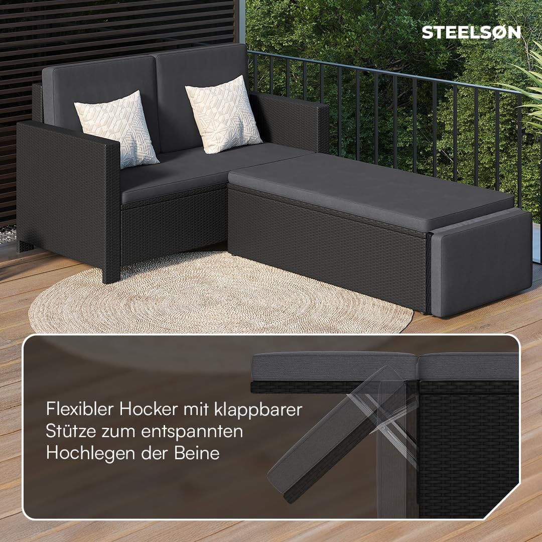STEELSØN Gartenbank Elnath 2in1 Polyrattan, Gartensofa für 2 Personen mit Liegefunktion, Balkonmöbel mit Hocker 2er Sofa mit Polster wetterfest, Terrassenmöbel in schwarz/anthrazit 73x65x130 cm HxTxB