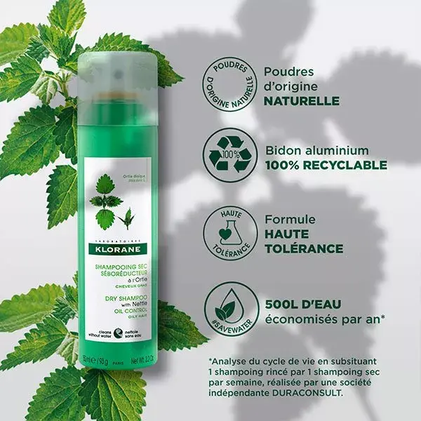 Shampoo a seco em spray Klorane Duo com urtiga para cabelos oleosos, pacote com 2 unidades de 150ml
