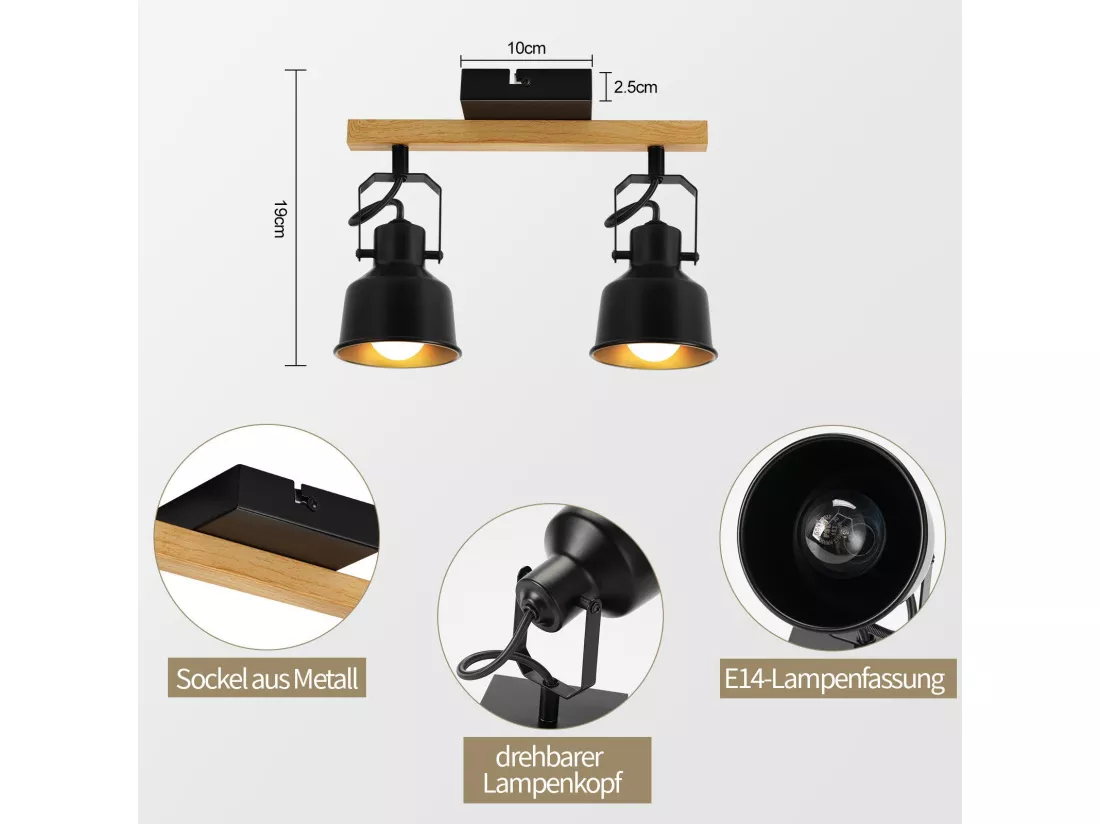NETTLIFE Spot de Plafond 2 Flammes Orientable à 350° Vintage Douille E14 de conception de haute qualité en bois veiné