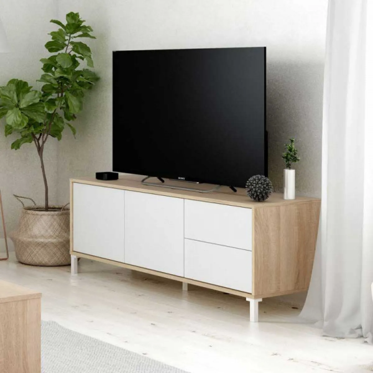 Dansmamaison Meuble TV MEZA - Blanc/Chêne