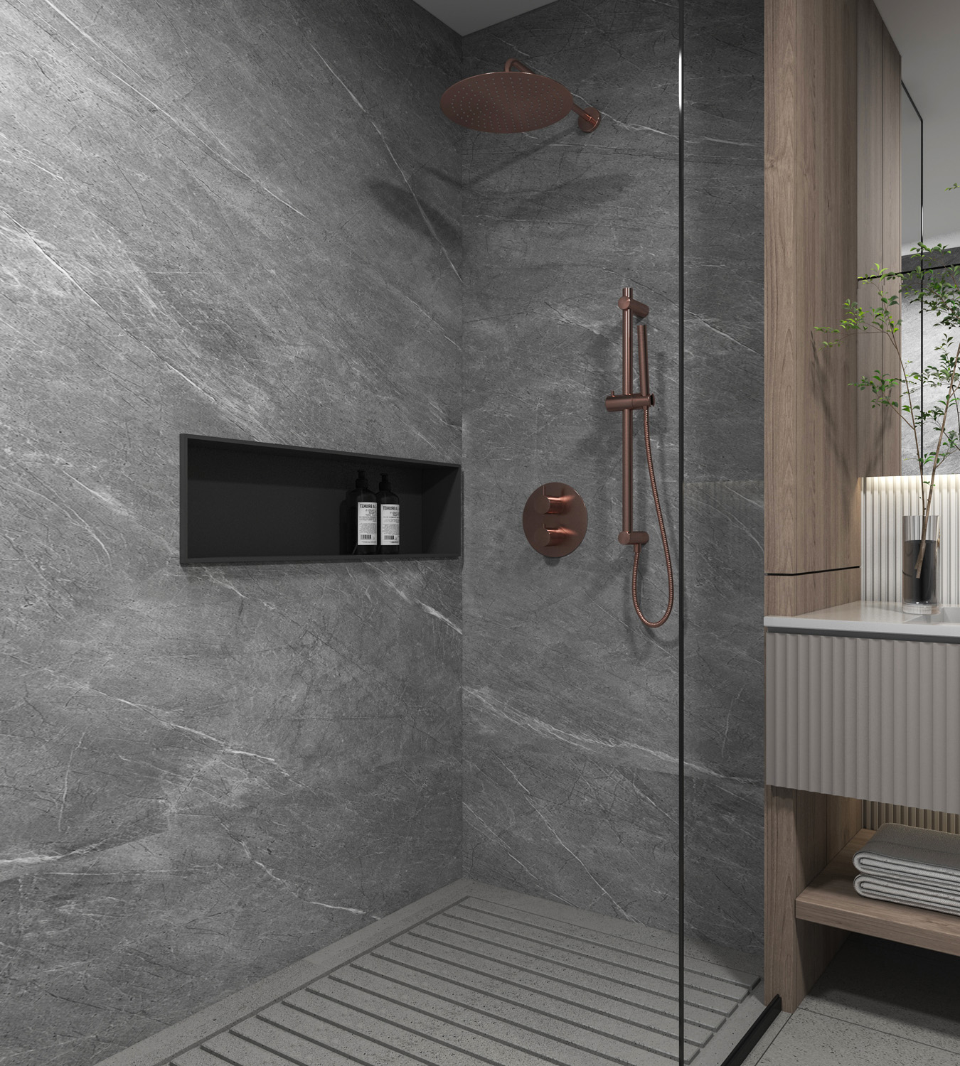 Saniclear Copper inbouw regendouche rond met 30cm hoofddouche, muurarm en glijstang geborsteld koper
