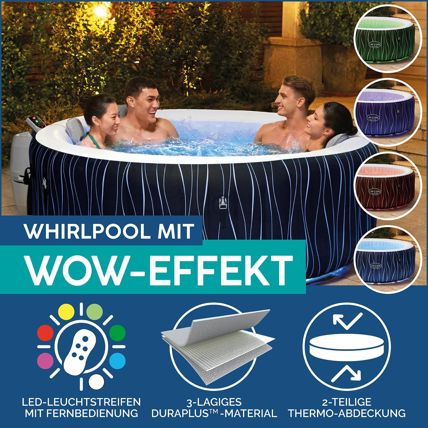 Bestway® Lay-Z-SPA® LED-Whirlpool Hollywood AirJet™ für 6 Personen Ø 196 x 66 cm, LED-Design