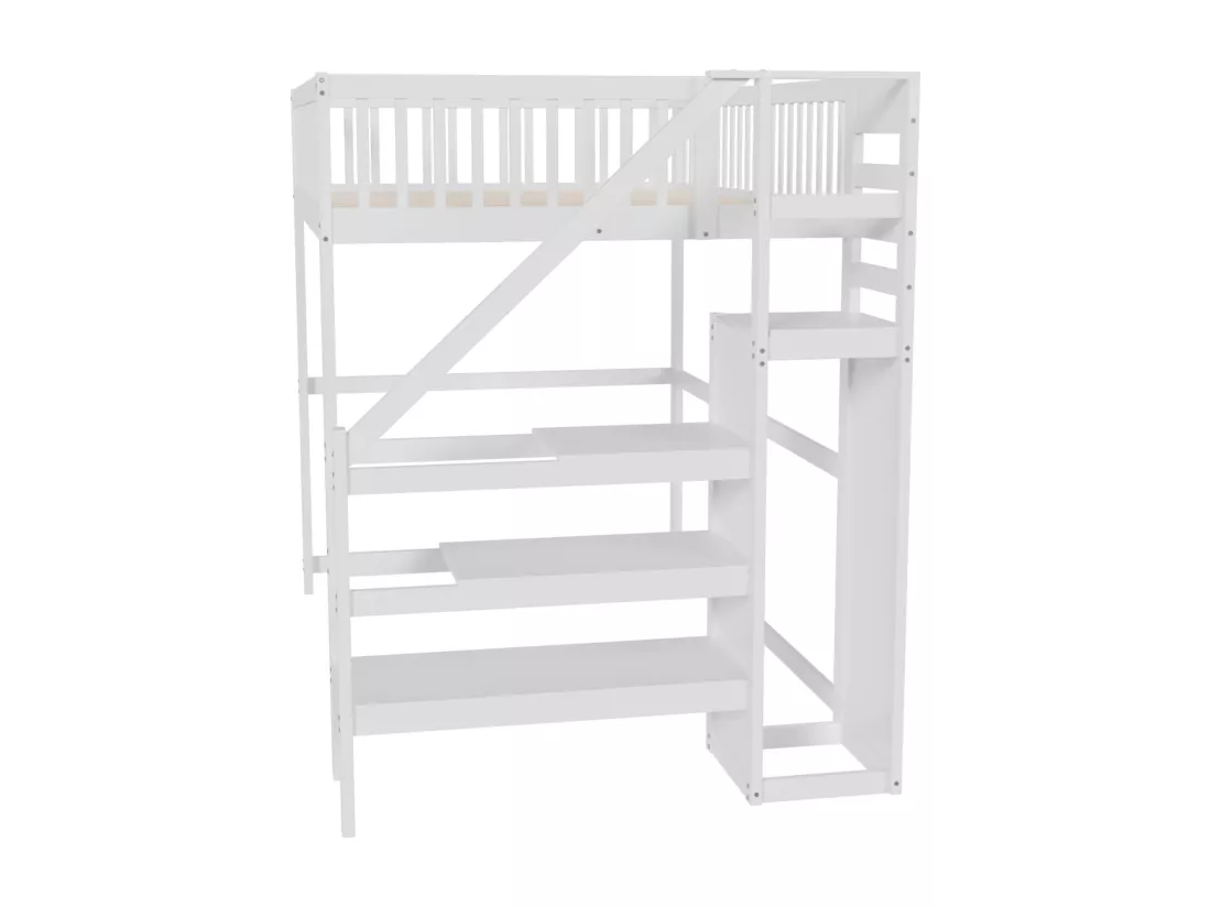 Lit mezzanine 140x200cm - lit enfant avec escalier avec armoir, sommier à lattes, antichute - blanc
