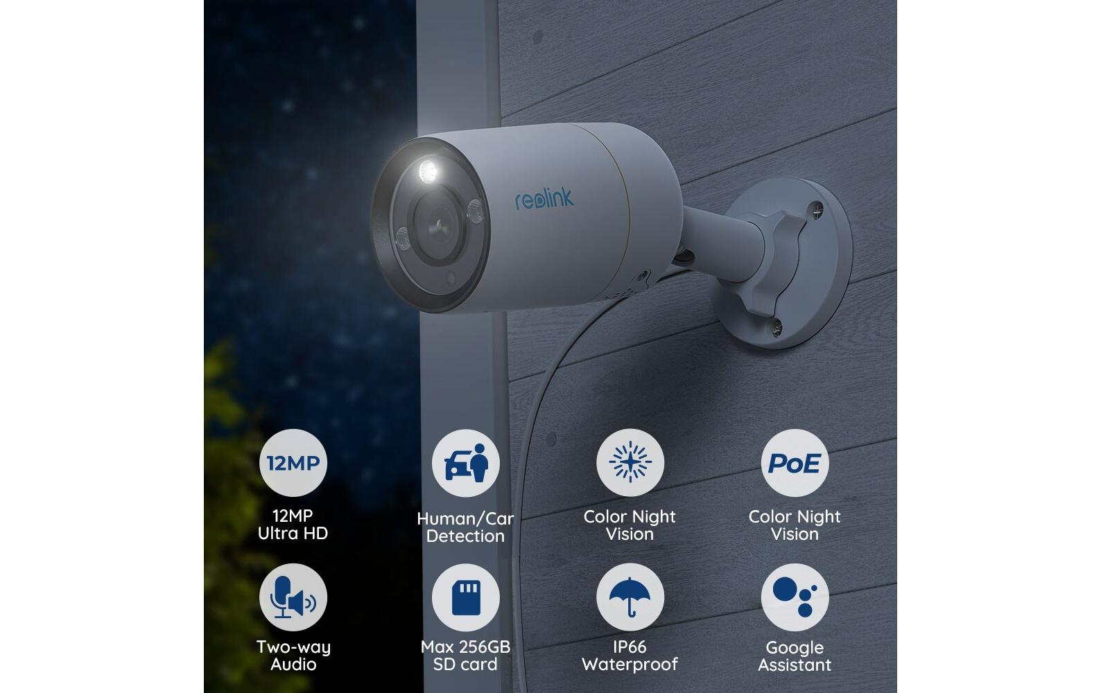 Überwachungsset NVS8-12MB4 Bullet, inkl. 2TB Harddrive<br>Intelligentes 12MP PoE-Überwachungskit mit Spotlight und 24/7-Aufzeichnung