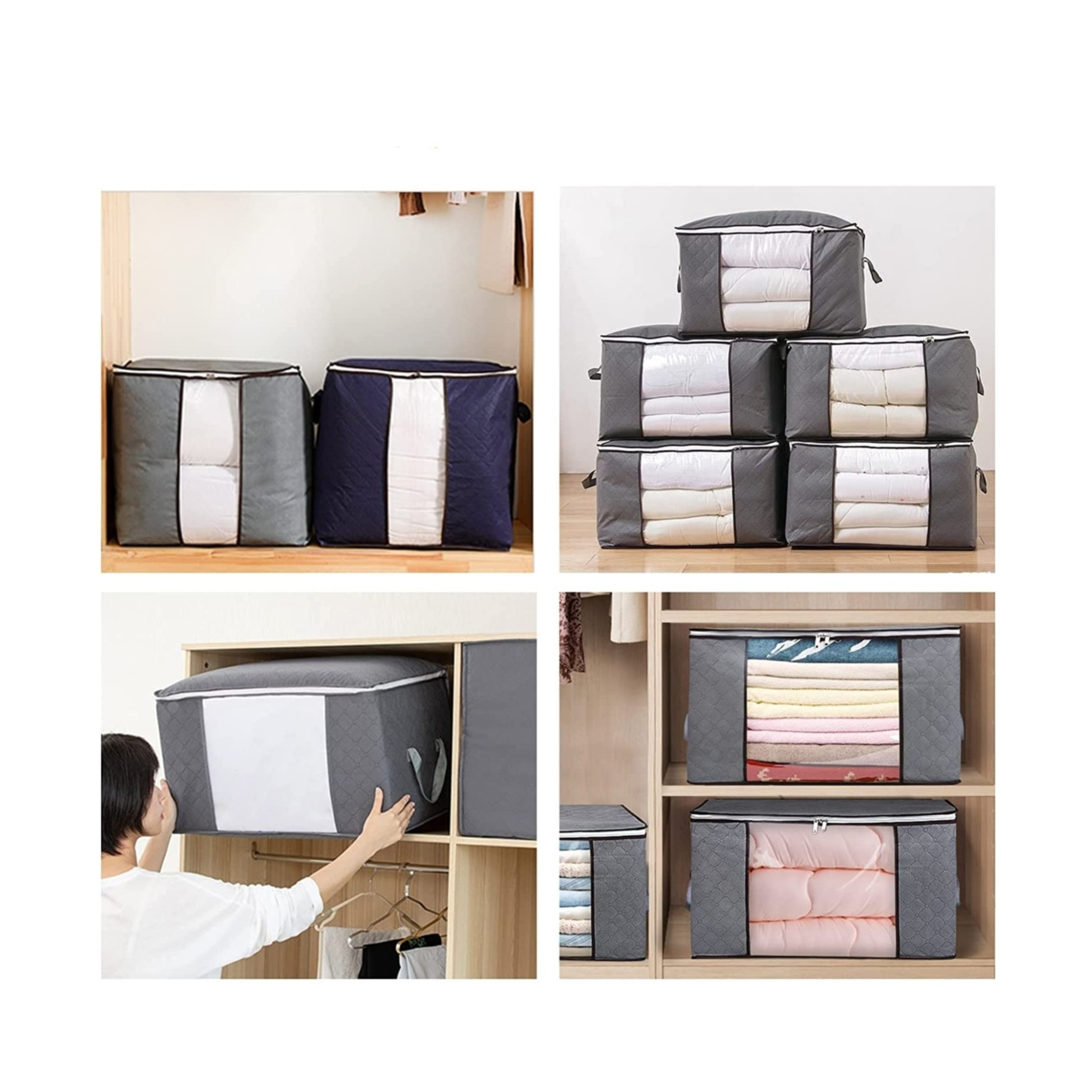 (3er Set) 70x50x30cm Aufbewahrungs Tasche Bettwäsche Organizer Kleider Box - Grau