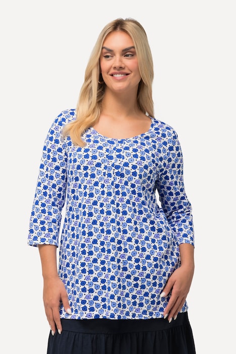 Shirt, Blüten, A-Linie, Zierfalten, V-Ausschnitt, 3/4-Arm