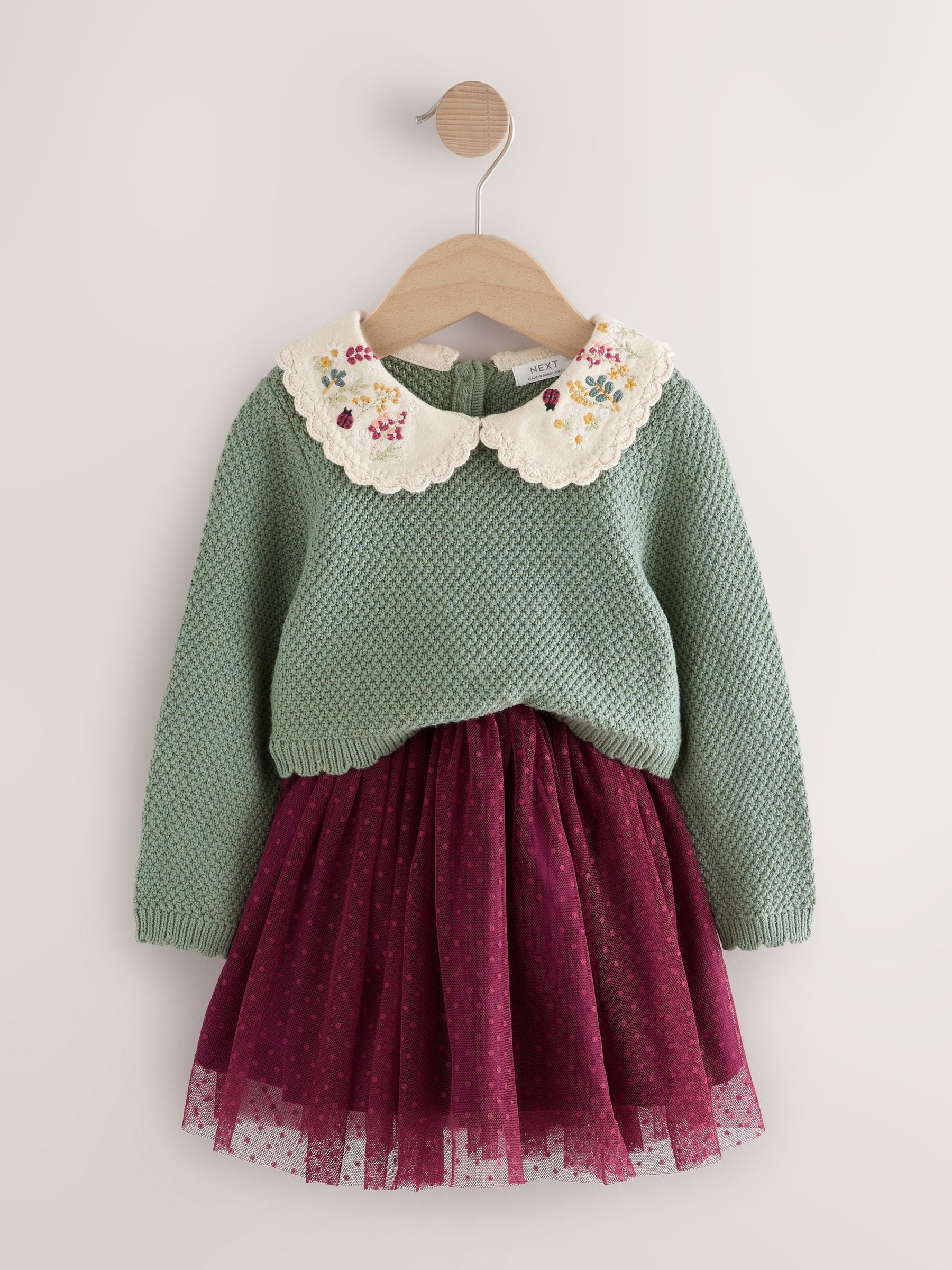 Groen/rood - Set van trui en rok met versierde kraag (3mnd-7jr)
