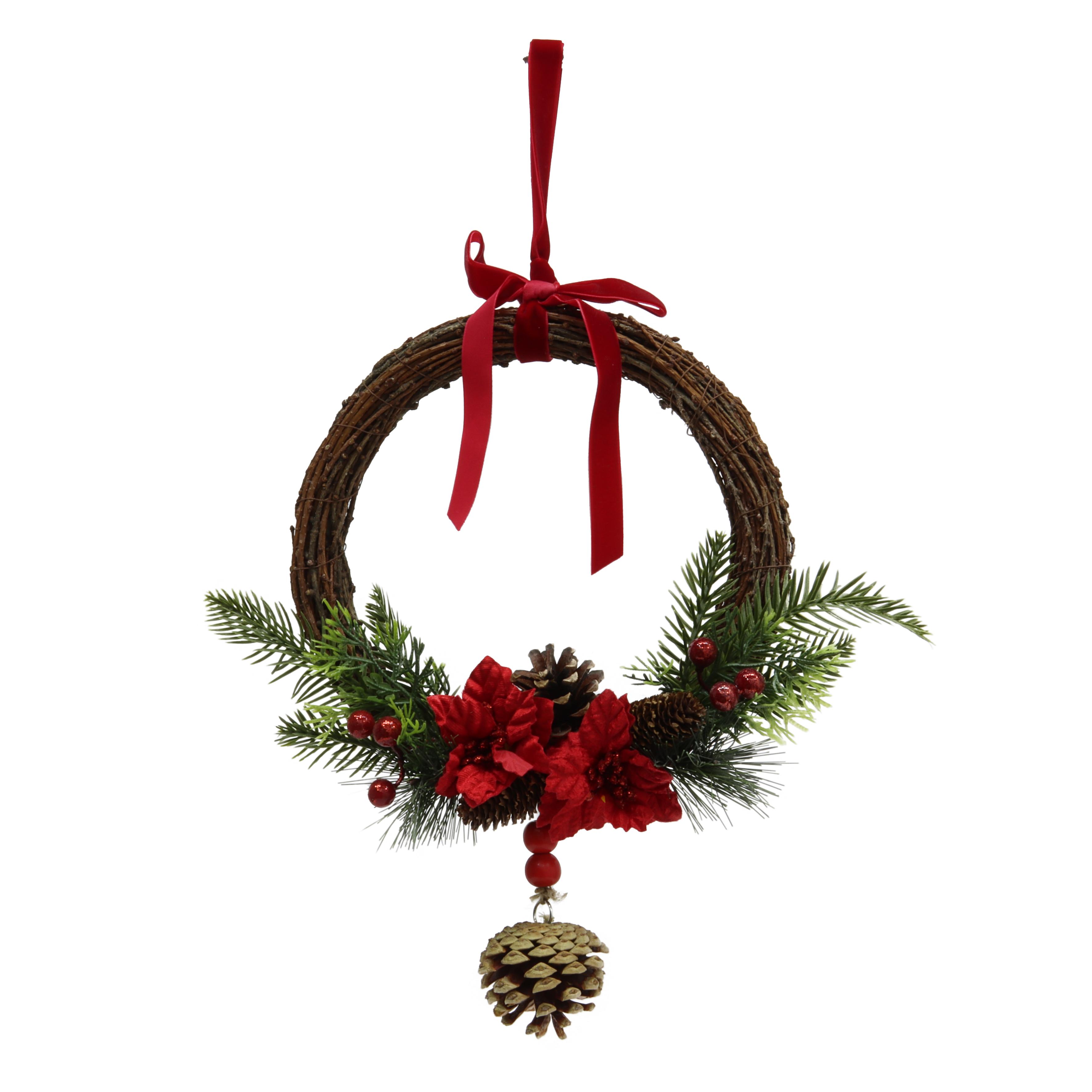 COURONNE BOIS ROUGE VERT POMME PIN D.26CM