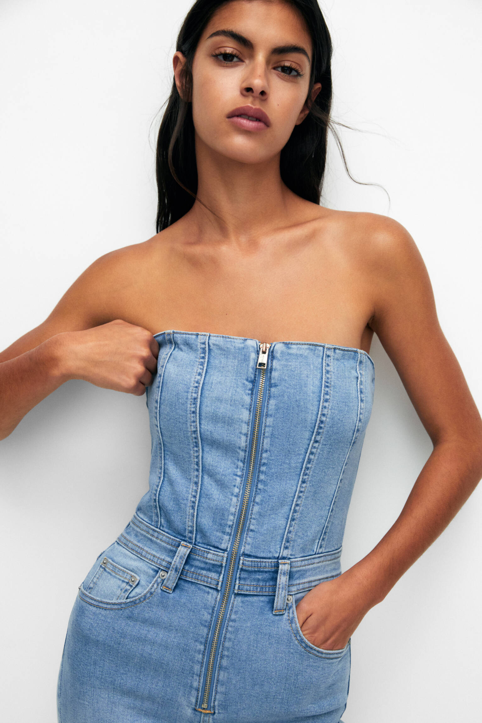 MACACÃO JEANS COM CORSET - AZUL MÉDIO