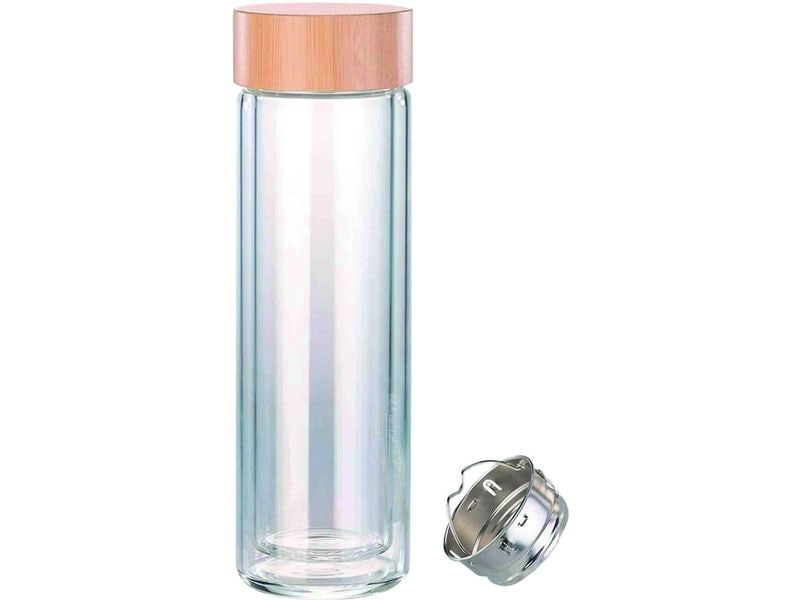 alpina Glaskaraffe mit Holzdeckel 0.45 l, Transparent Doppelwandige Thermosflasche mit integriertem Teesieb aus Borosilikatglas