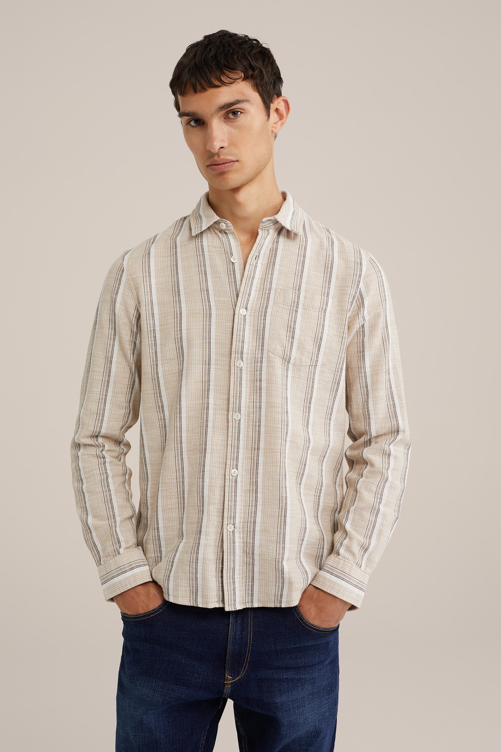 tall fit gestreept overhemd met structuur WE Fashion Beige
