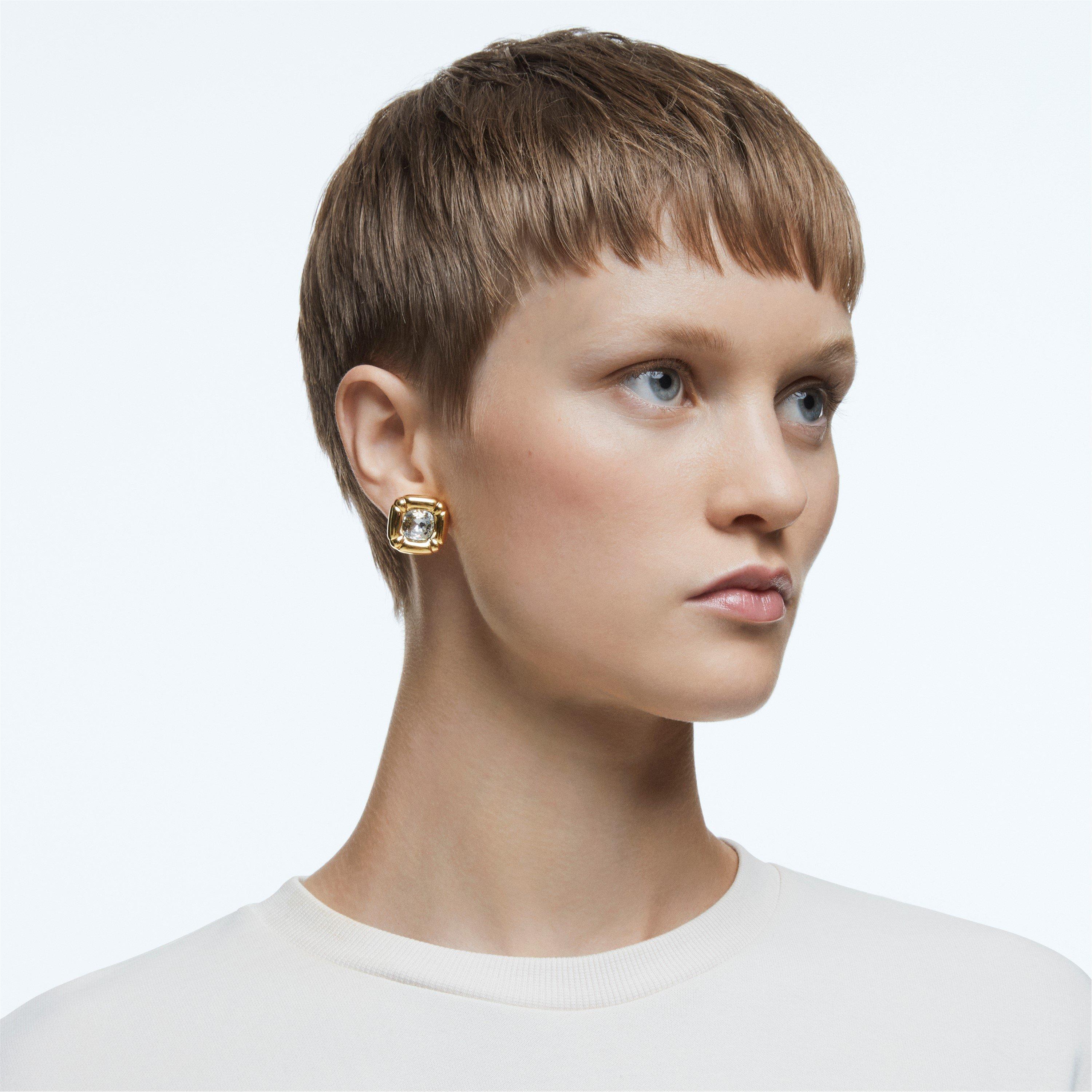 Swarovski Dulcis stud earrings, Cushion cut, Gold tone, Gold tone plated