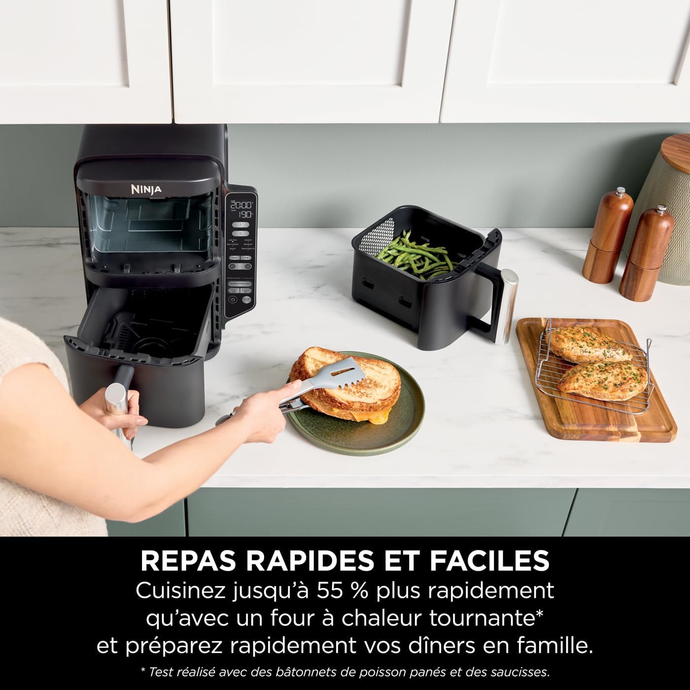 Ninja Double Stack Air-Fryer, Friteuse verticale sans huile à 2 tiroirs, 4 niveaux cuisson, 2 tiroirs et 2 grilles, design compact, capacité de 7,6L,