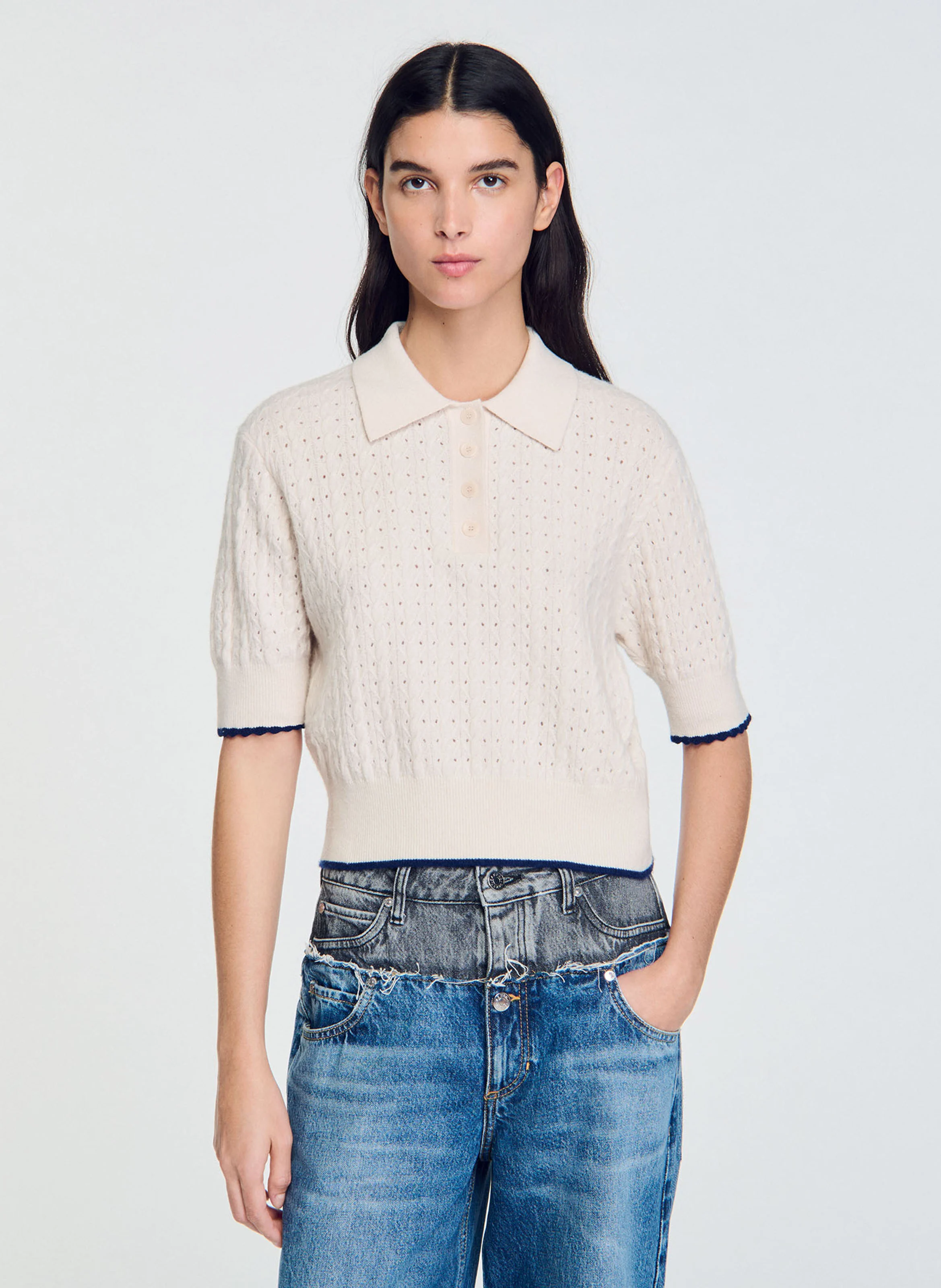 Pull court maille pointelle en laine et cachemire | Blanc