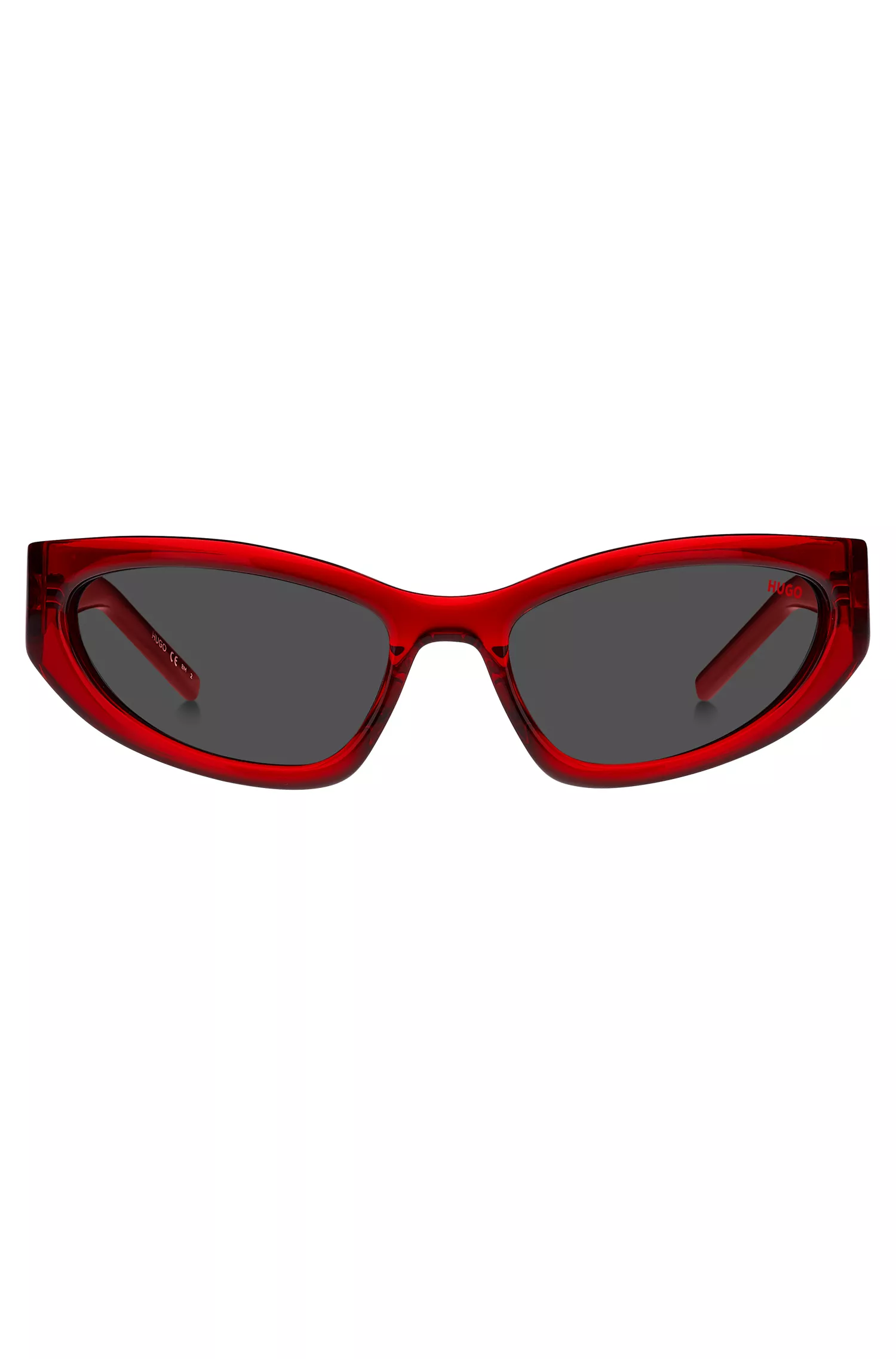 Armação de óculos HUGO em acetato vermelho com monograma 3D.