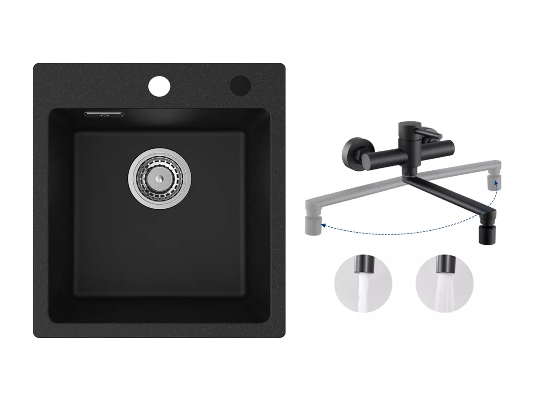 Cecipa MAX 40x45cm Noir Evier de Cuisine en Quartz et Résine Evier 1 Bac + Mitigeur de Cuisine Mural avec 2 Jets Noir