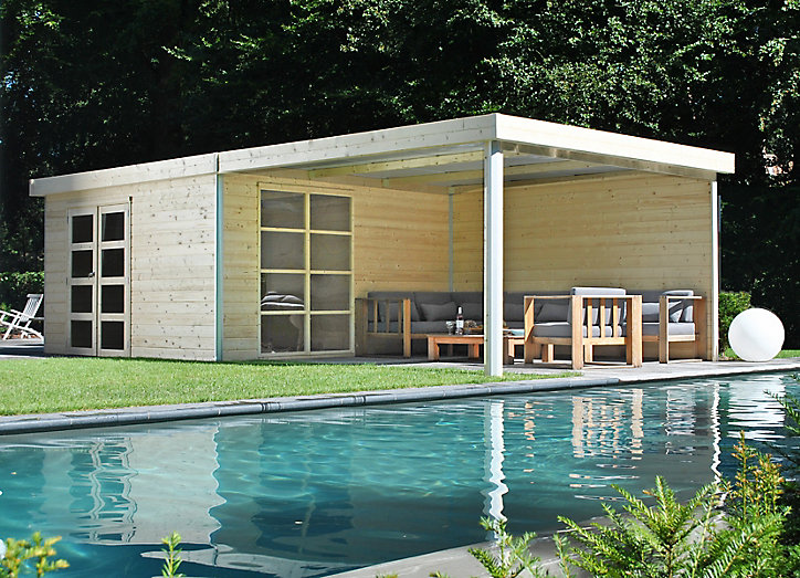 Abri de jardin + pergola Lindo 2 XL en bois coloris naturel ép.28 mm surface extérieure 16,97 + 16,48 m²