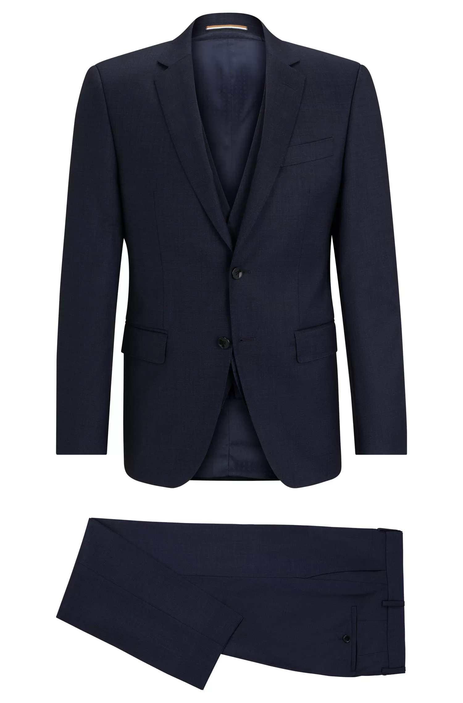 Terno BOSS preto de três peças, corte slim, em lã elástica estampada.