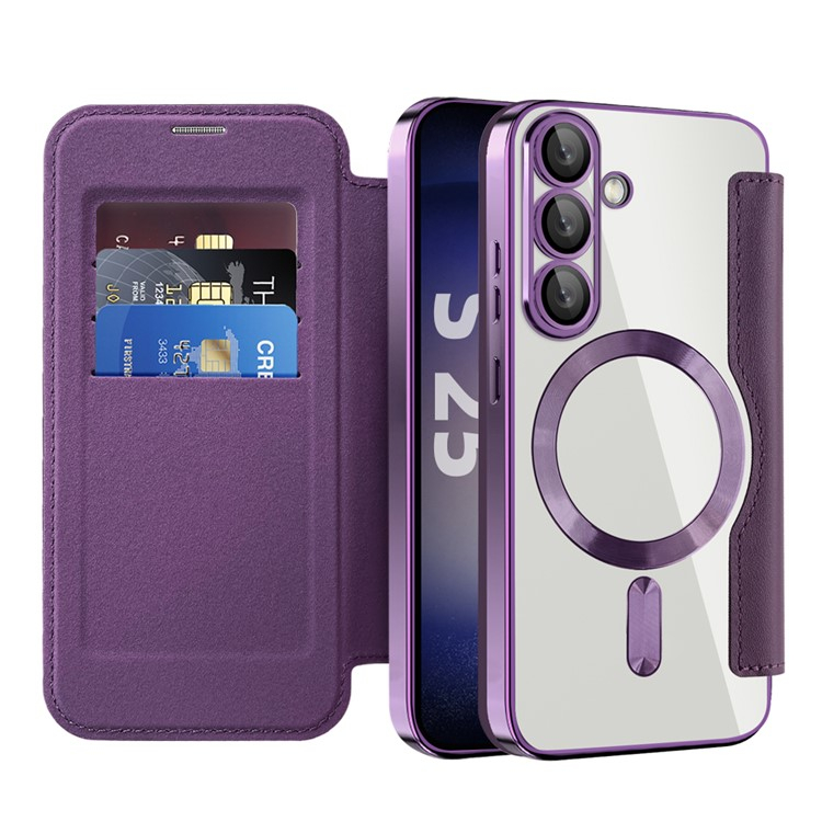 Samsung Galaxy S25 Hybrid Leder Tasche   Kunststoff Rückseite MagSafe-Modul (RFID Schutz) - Violett / Transparent