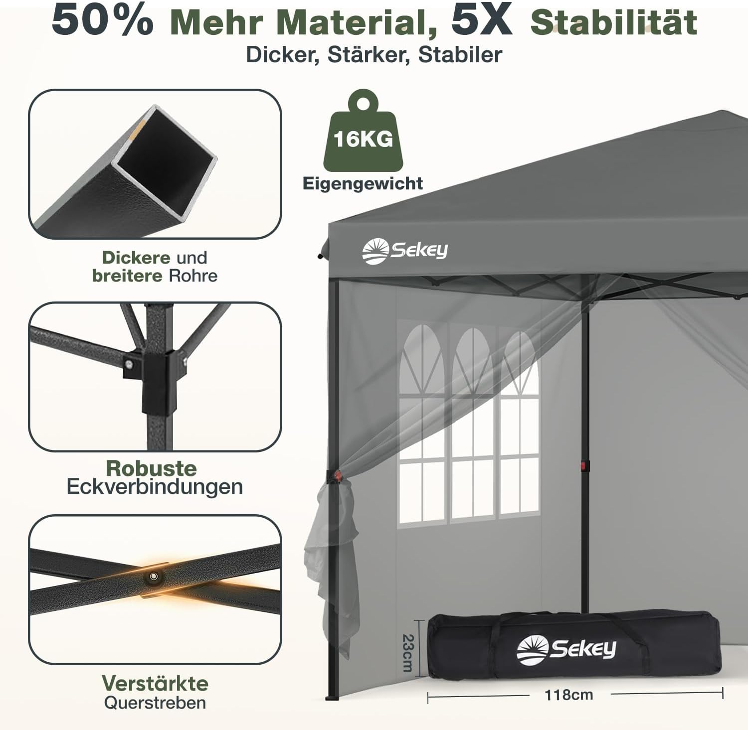 Sekey Premium Pop Up Pavillon 3x3 Wasserdicht Stabil, 3 x 3 m Pavillon mit Seitenwänden, Faltpavillon Partyzelt Faltbar für Camping Party, Höhe Verstellbar 250-270cm, (Grau, Mit Seitenwänden)