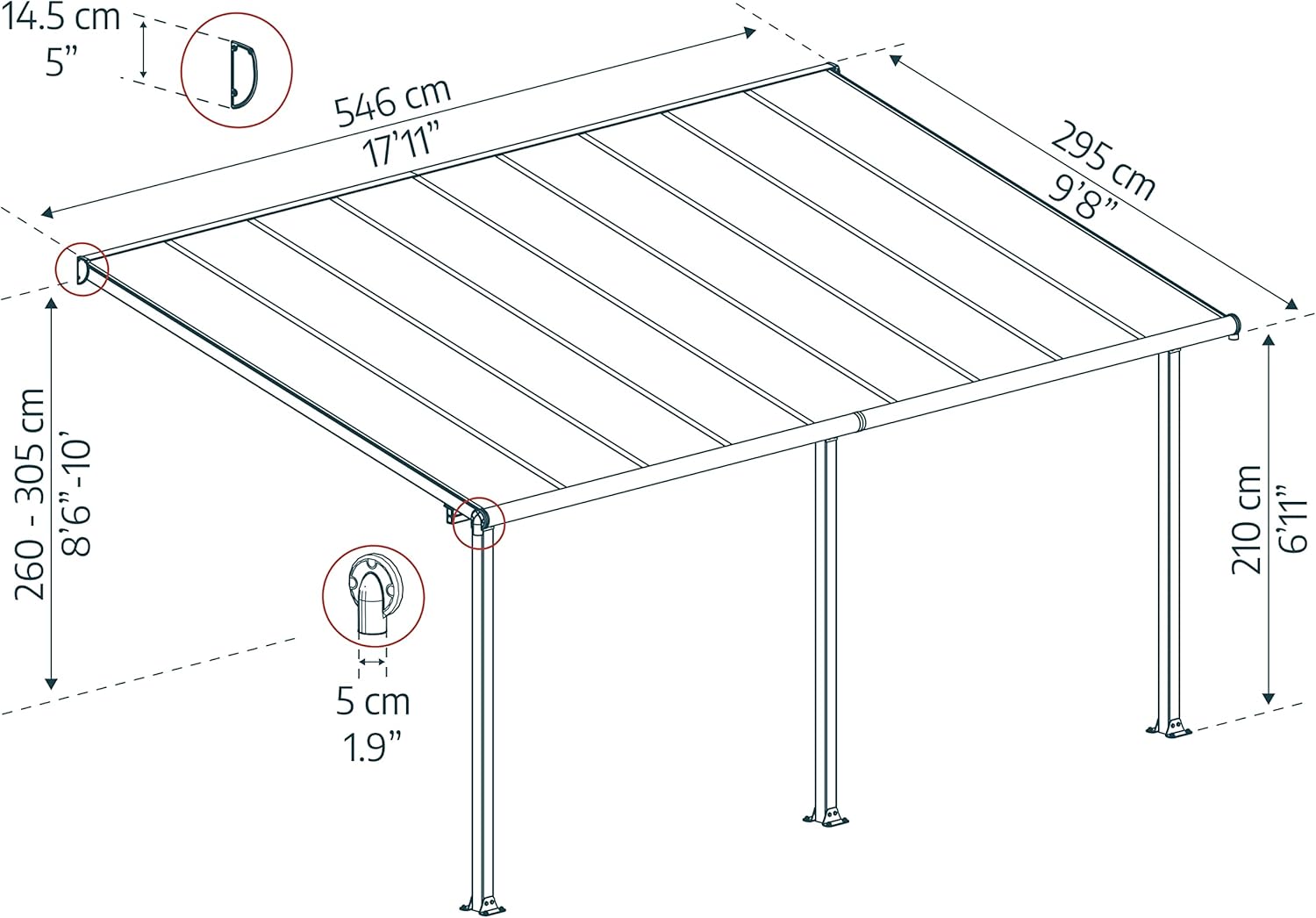 Canopia by Palram Terrassenüberdachung Alu Olympia 3X5.46 Polycarbonat Hohlkammerplatten Pergola 546 x 295 cm Grau zur Überdachung ihrer Terrasse