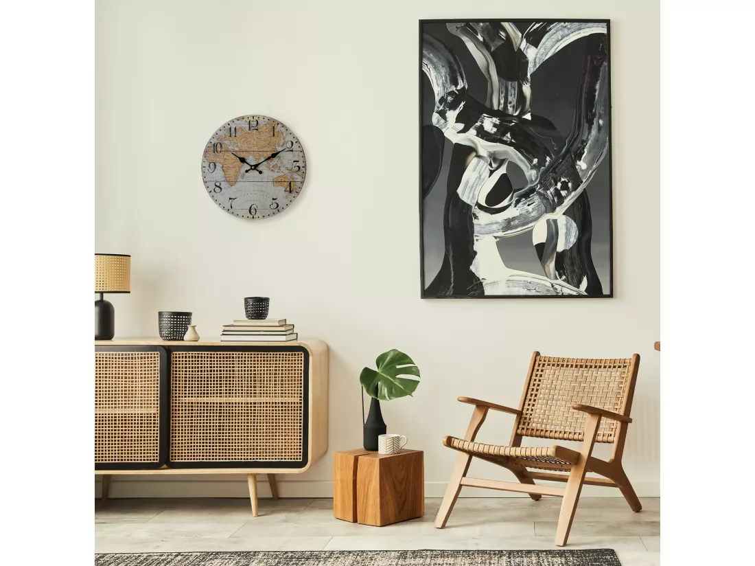 Horloge Murale Carte Du Monde Mdf Brun Gris Style Rétro pour Cuisine