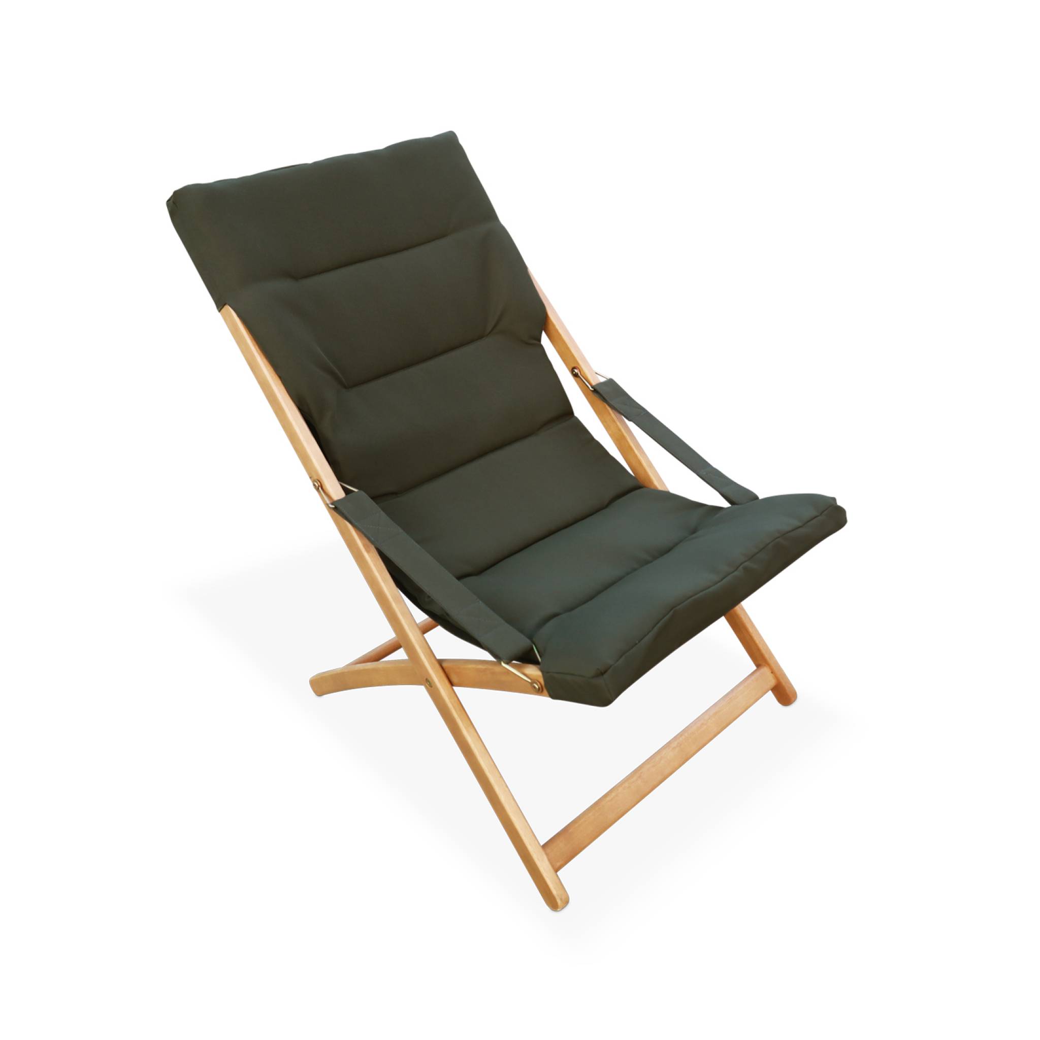 Lot de 2 chiliennes kaki en bois. Pliables. Assise rembourrée