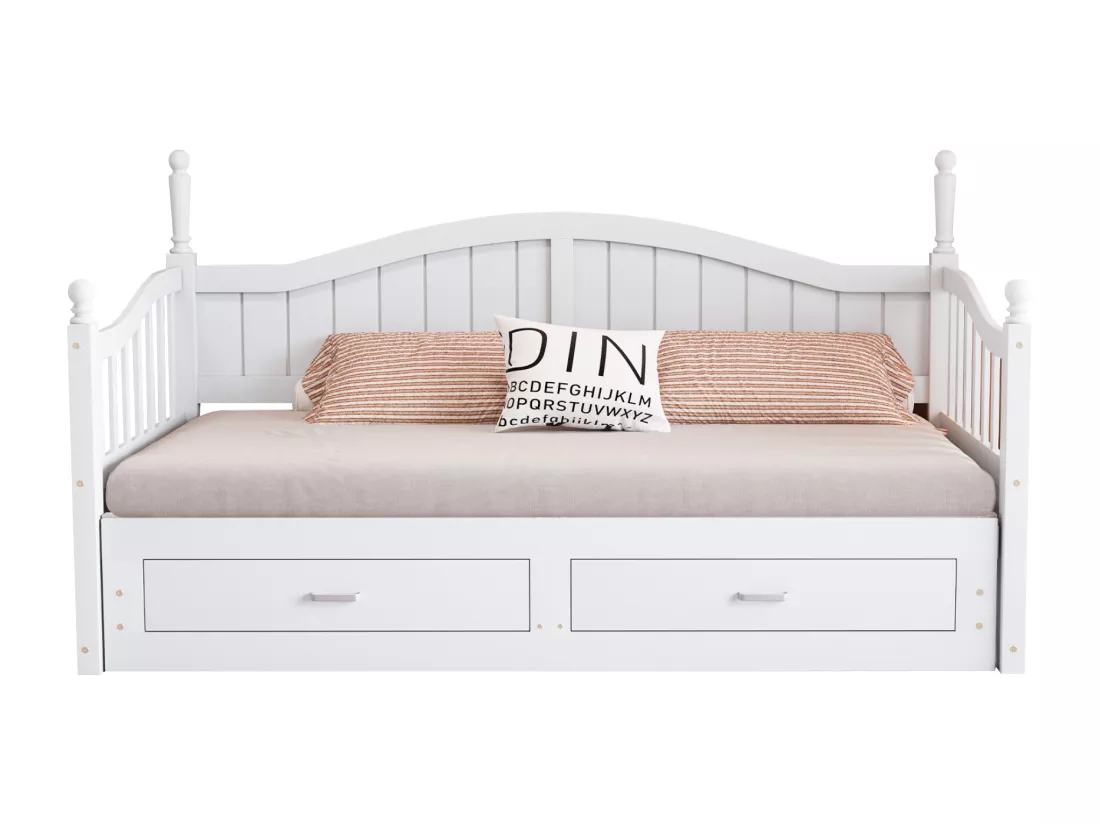 Canapé-lit pliant en bois massif 90/180x200 cm avec tiroirs et colonnes romaines - Blanc