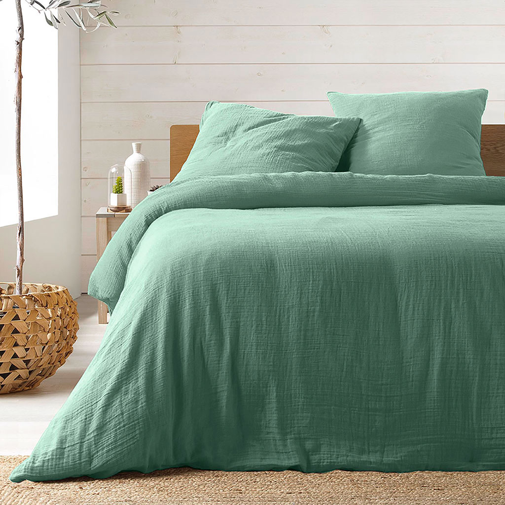 Parure housse de couette gaze de coton ANGELIA sauge 220x240cm