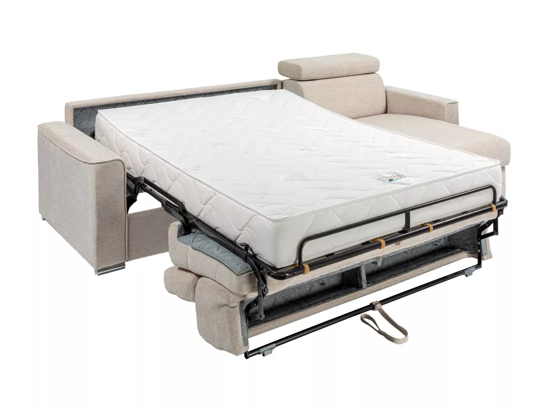 Canapé d'angle réversible convertible express en tissu beige - Couchage 140 cm - Matelas 22 cm mémoire de forme - VIZIR